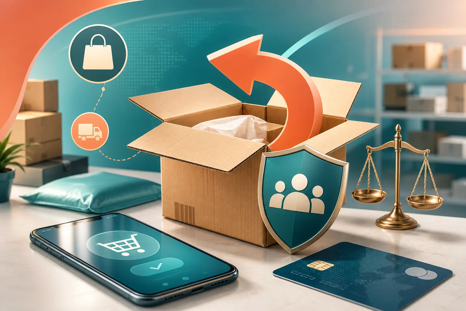 E-ticaret paketi, iade oku ve tüketici koruma kalkanını gösteren editoryal görsel