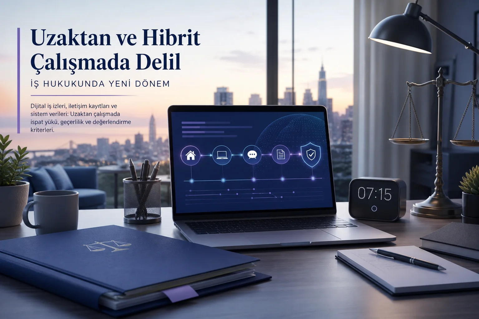 Evden çalışan kişi, dizüstü bilgisayar ve zaman çizelgesini gösteren editoryal iş hukuku görseli